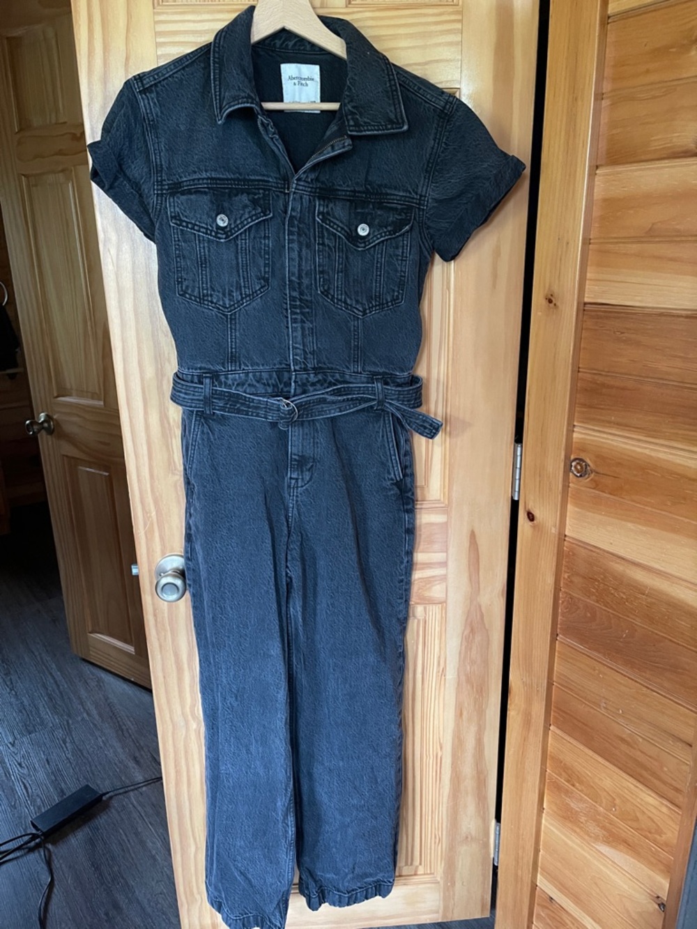 Abercrombie & Fitch Washed Black Short-Sleeve Denim Jumpsuit